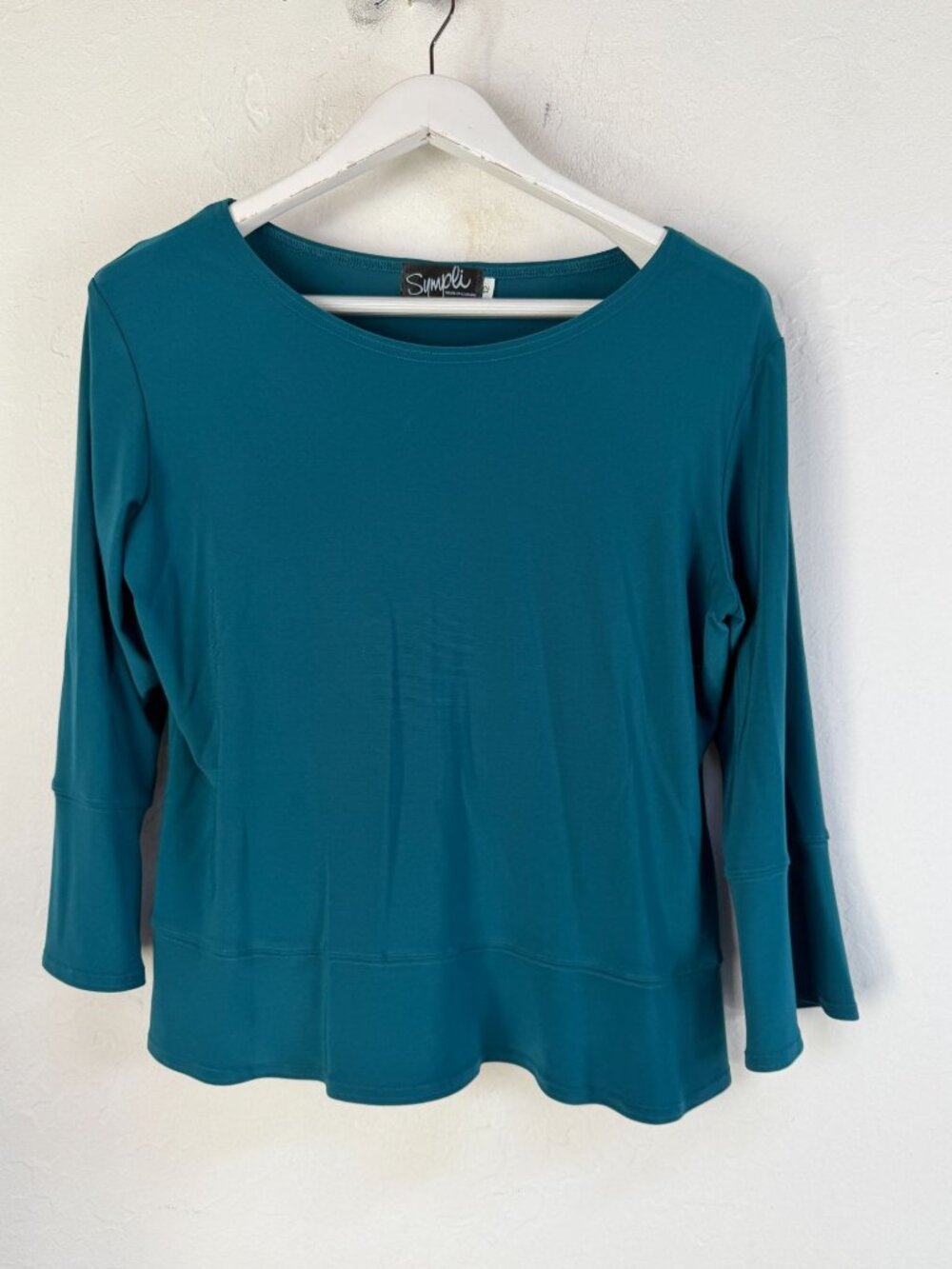 Sympli Womens Teal Jersey Knit 3/4 Bell Sleeve Top Size 12 Stretch Pullover